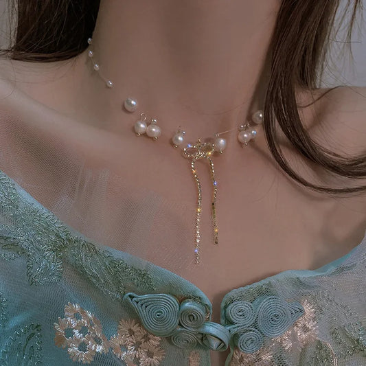 Luckacco 2023 New Fashion Trend Unique Design Delicate Vintage Zircon Flower Pearl Necklace Women Jewelry Wedding Party Premium Gift