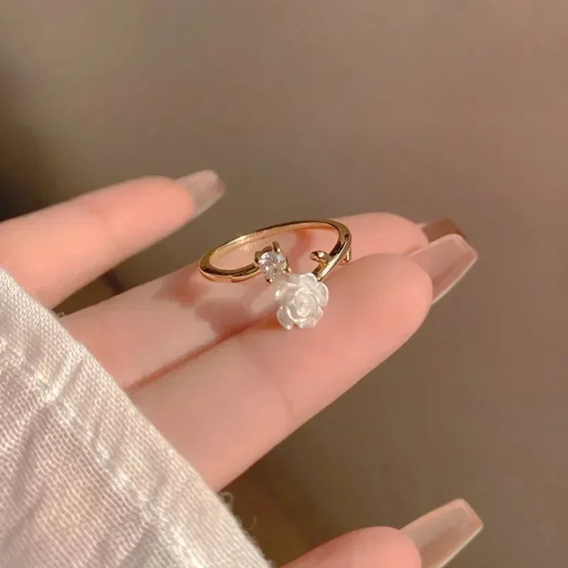 luckacco new trend luxury rings for women gold plated stainless steel rose ring fashion aesthetic jewelry temperament anillos mujer