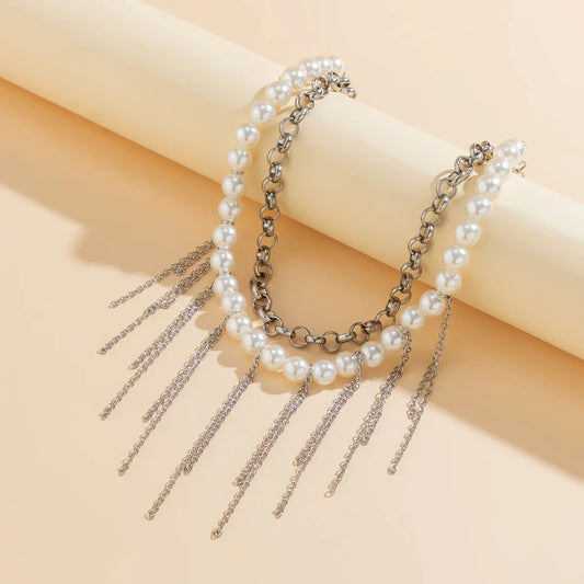 Luckacco Vintage Tassel Pendant Clavicle Necklace Women 2023 Multi layered Simple and Sweet Imitation Pearl Beaded Girl Fashion Jewelry