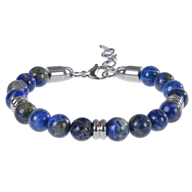 luckacco 8mm natural stone lapis lazuli beaded bracelet adjustable stainless steel chain bracelet for men women handmade jewelry gifts
