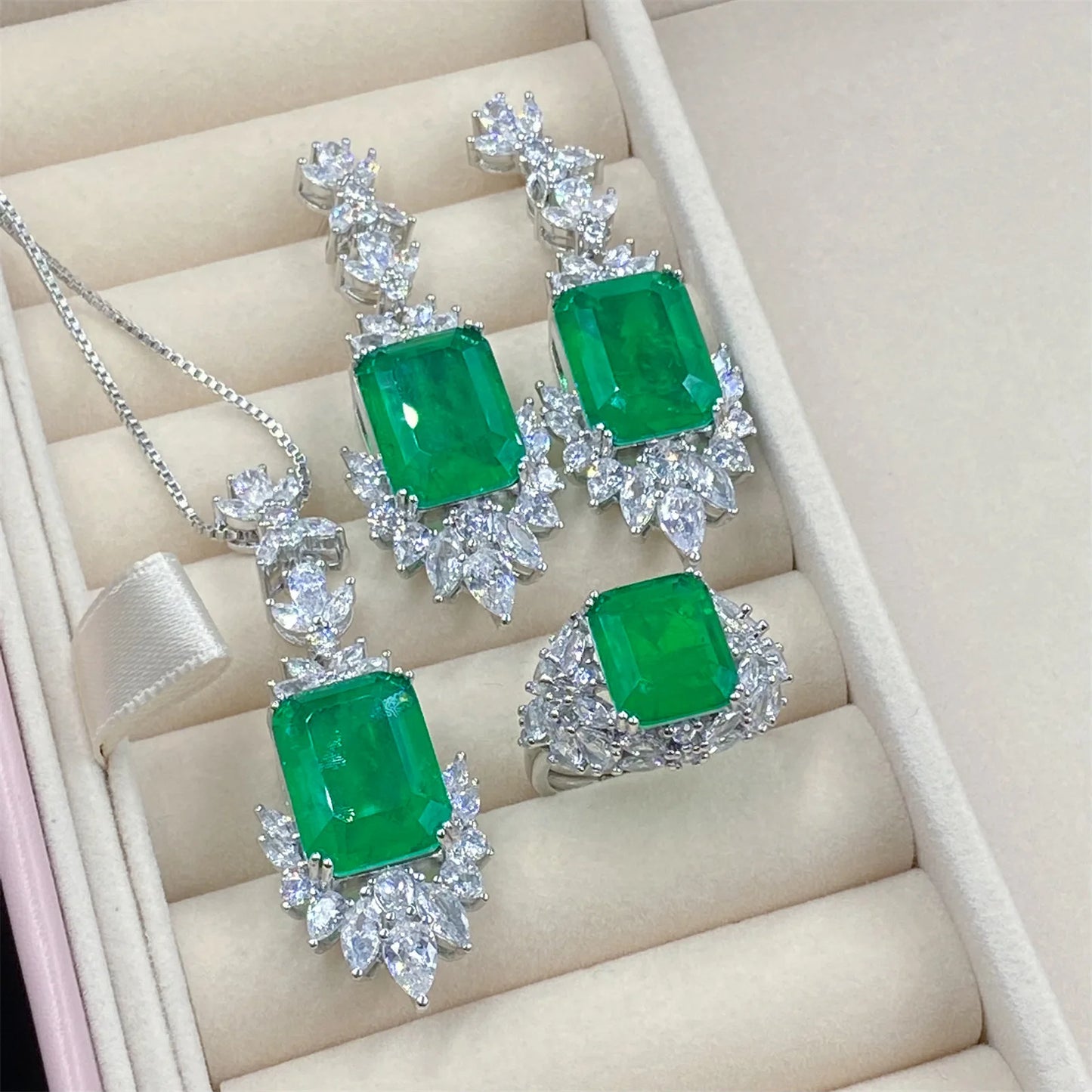 luckacco valuable lab jade diamond jewelry set 925 sterling silver engagement wedding rings earrings necklace for women bridal party gift