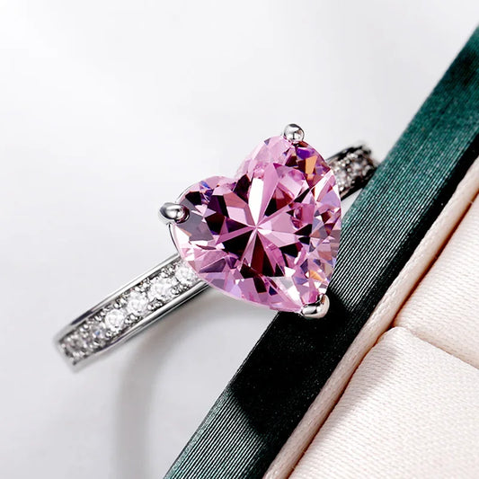 Luckacco Romantic Pink Heart shaped Ring for Female Cubic Zirconia Bridal Wedding Party  with Minimalist Fashion Jewelry Accessories