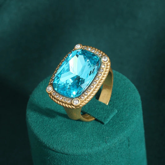 Luckacco Vintage Wedding Rings for Women Round Blue Natural Oval Green Crystal Horse Eye Shape Glass Retro Pattern Gold Color Jewelry