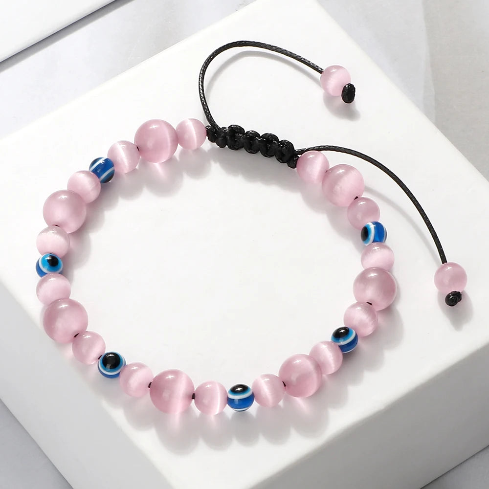 luckacco natural cat eye stone bracelet & bangle for women brief white pink opal beads yoga balance jewelry lucky wristband handmade gift