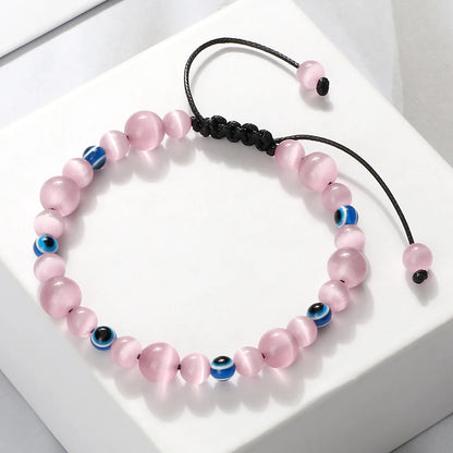Luckacco Natural Cat Eye Stone Bracelet & Bangle for Women Brief White Pink Opal Beads Yoga Balance Jewelry Lucky Wristband Handmade Gift