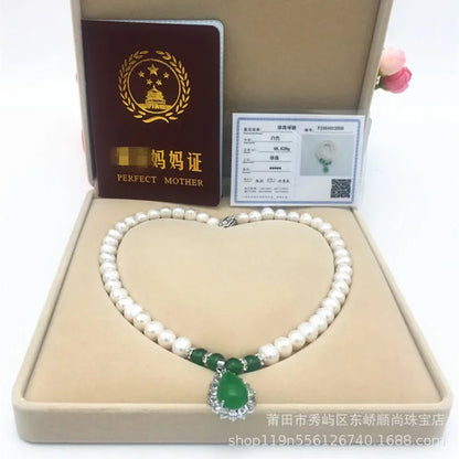 Luckacco 8-9mm Near Round White Natural Freshwater Pearl Necklace Red/Green Waterdrop Chalcedony Bracelet Earrings for Mother Jewelry Set