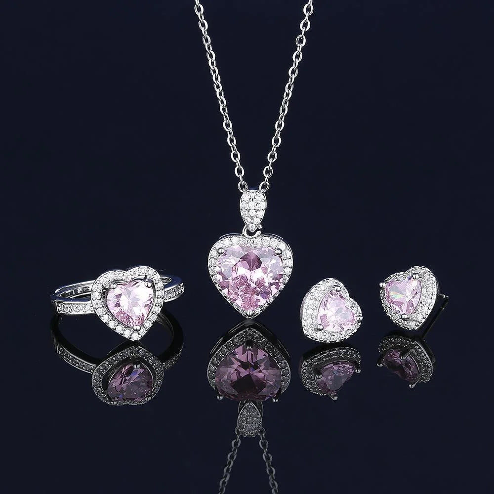 luckacco 925 sterling silver jewelry set heart shape pink crystal zircon necklace earrings ring women's elegant jewelry