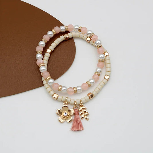 Luckacco Beaded Cute Bracelets Set For Women Pink Cream Tassel Leaf Flower Sweet Romantic Stretch Trendy Fashion Jewelry Gifts 2021113