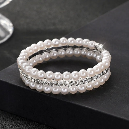 Luckacco Fahsion Crystal Imitation Pearl Bracelets For Women Multi Layer Wide Bracelets Crystal Rhinestones Bracelet Wedding Jewelry Gift
