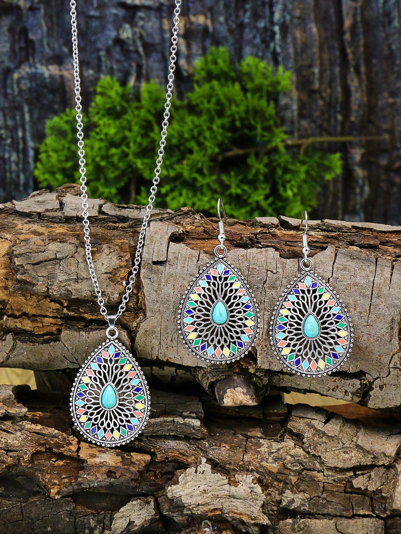 luckacco ethnic feng shui droplet hollow colored glazed earrings for women bohemian vacation short necklace jewelry set