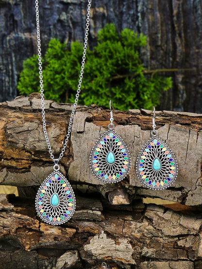 Luckacco Ethnic Feng Shui Droplet Hollow Colored Glazed Earrings for Women Bohemian Vacation Short Necklace Jewelry Set
