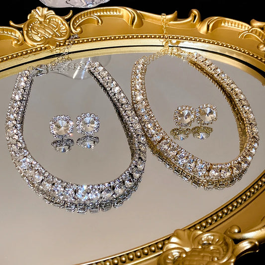 Luckacco Luxury Green Rhinestone Necklace Stud Earrings For Women Crystal Choker Necklaces Ladies Fashion Weddings Banquet Jewelry Set