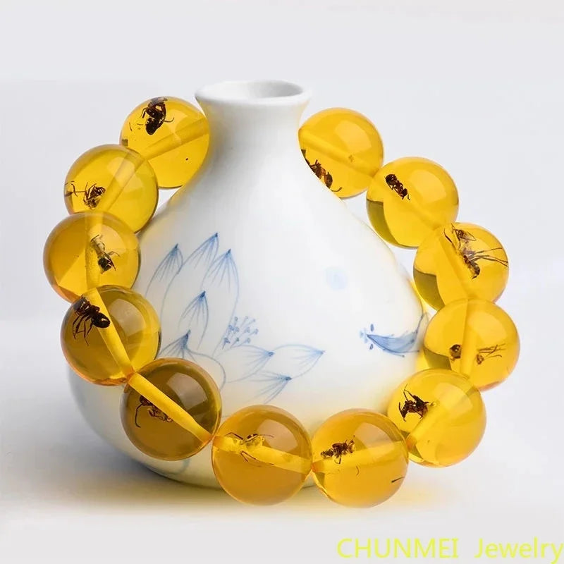 luckacco natural baltic amber elastic bracelet men women honey wax insect amber-beads beaded bangles amulet bracelets girlfriend mom gift