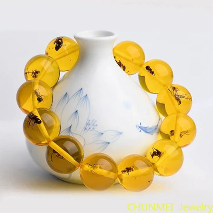 Luckacco Natural Baltic Amber Elastic Bracelet Men Women Honey Wax Insect Amber-beads Beaded Bangles Amulet Bracelets Girlfriend Mom Gift