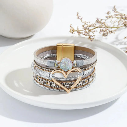 Luckacco New Metal Love Heart Charm Leather Bracelets for Women Fashion Bohemian Rhinestone Resin Wrap Bracelet Bangle Couple Jewelry