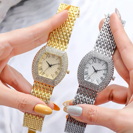 Luckacco UTHAI H64 Women's Full Diamond Watch Temperament Gold Steel Band Barrel shaped Full Sky Star Vintage Fashion Quartz Wristwatches