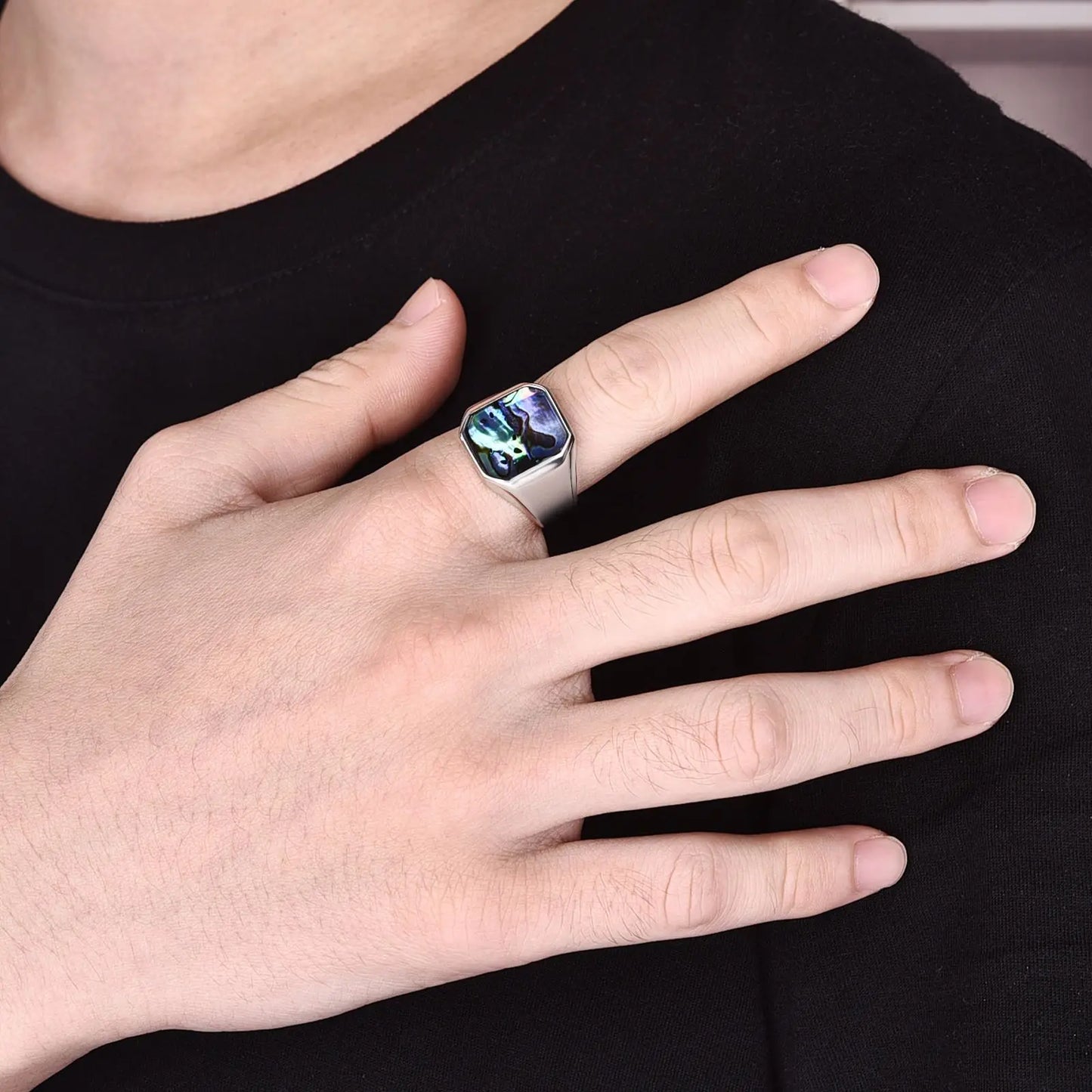 luckacco classic gold sliver color abalone shells finger ring men punk party smooth stainless steel rings male circular wedding ring gift