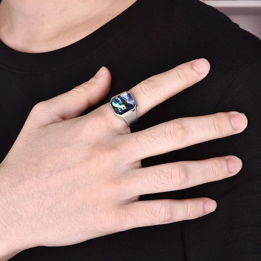 Luckacco Classic Gold Sliver Color Abalone Shells Finger Ring Men Punk Party Smooth Stainless Steel Rings Male Circular Wedding Ring Gift