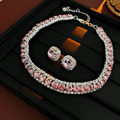 Luckacco Luxury Green Rhinestone Necklace Stud Earrings For Women Crystal Choker Necklaces Ladies Fashion Weddings Banquet Jewelry Set