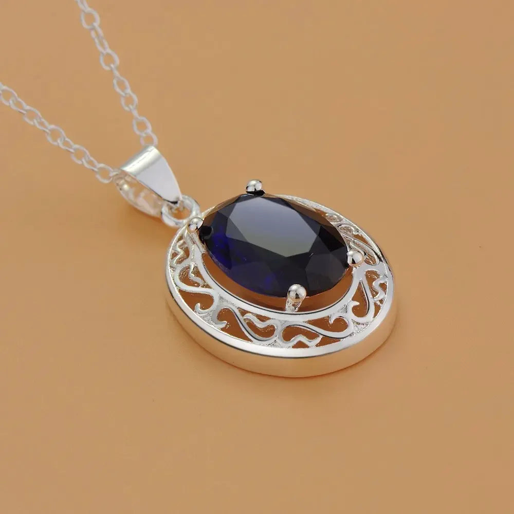luckacco 45cm luxury 925 sterling silver romantic blue crystal oval pendant necklace for women fashion party wedding jewelry gifts