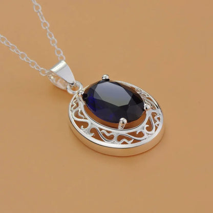 Luckacco 45cm Luxury 925 sterling Silver romantic Blue Crystal Oval Pendant Necklace For Women fashion party wedding Jewelry gifts