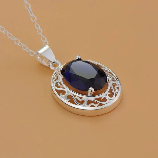 Luckacco 45cm Luxury 925 sterling Silver romantic Blue Crystal Oval Pendant Necklace For Women fashion party wedding Jewelry gifts