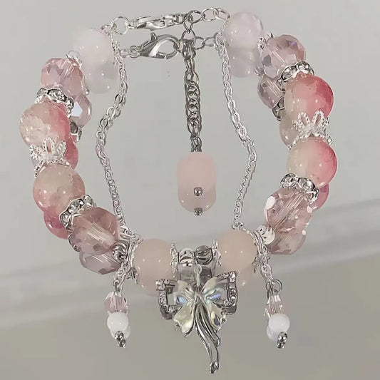 Luckacco New Fashion Y2K Sweet Cherry Blossom Bracelet For Women Exquisite Elegant Flower Crystal Beaded Bracelet Girl Party Jewelry Gift
