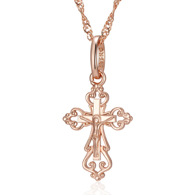 luckacco kinel luxury 585 rose gold color cross pendant necklace for women men orthodox church jesus glossy charm daily fine jewelry