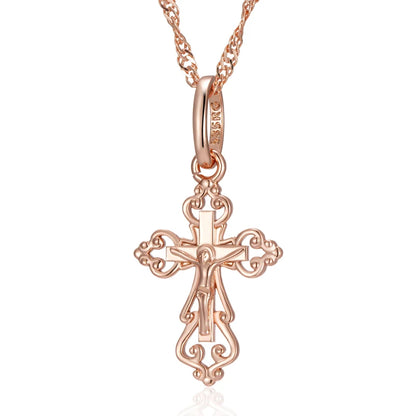 Luckacco Kinel Luxury 585 Rose Gold Color Cross Pendant Necklace For Women Men Orthodox Church Jesus Glossy Charm Daily Fine Jewelry