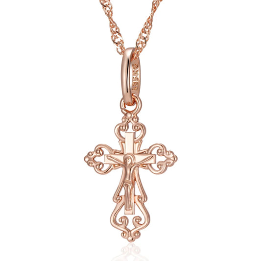 Luckacco Kinel Luxury 585 Rose Gold Color Cross Pendant Necklace For Women Men Orthodox Church Jesus Glossy Charm Daily Fine Jewelry