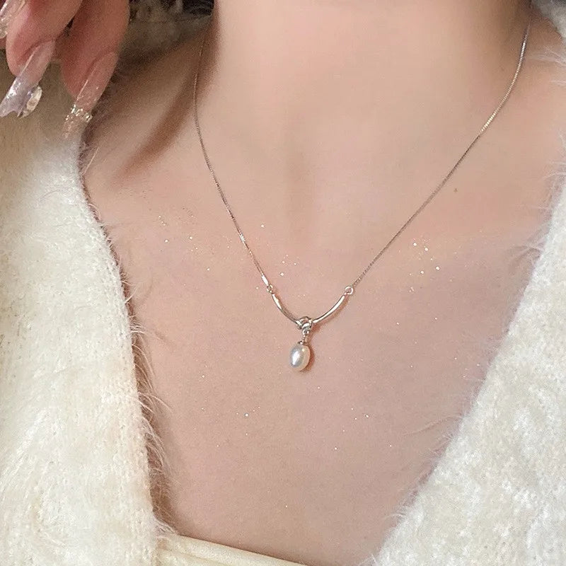 luckacco new trendy fashion 925 silver pearl simple elegant thin chain pendant necklace for women girl jewelry dropship