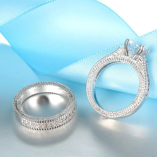 Luckacco Elegant Wedding Engagement Couple Rings Set 925 Sterling Silver Color Anniversary Accessory With Full Shiny Cubiz Zircon Stone