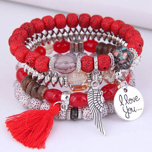 Luckacco DIEZI Bohemian Multicolor Pink Crystal Beads Bracelets Women Girls Elastic Tassel Wing Letters Rope Bracelet Pulseira Feminina