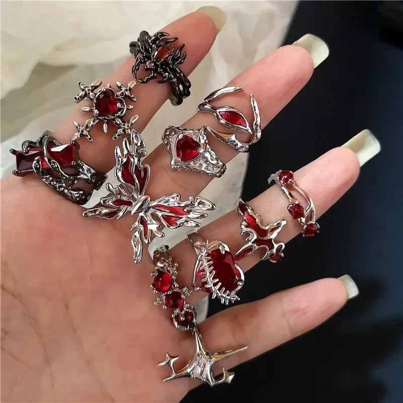 luckacco goth punk retro red crystal love heart cross geometry irregular open ring set y2k halloween accessories for women kpop jewelry