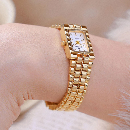 Luckacco Light Luxury Retro Gold Rectangle Classic Watches For Women Fashion Stainless Steel Womens Watch Vintage Quartz Wristwatches