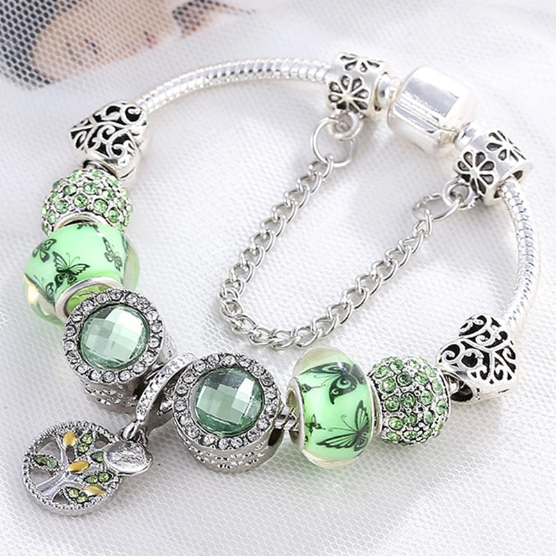 luckacco baopon new fashion life of tree crystal charm bracelet fit green color snake chain brand bracelets & bangles for women jewelry