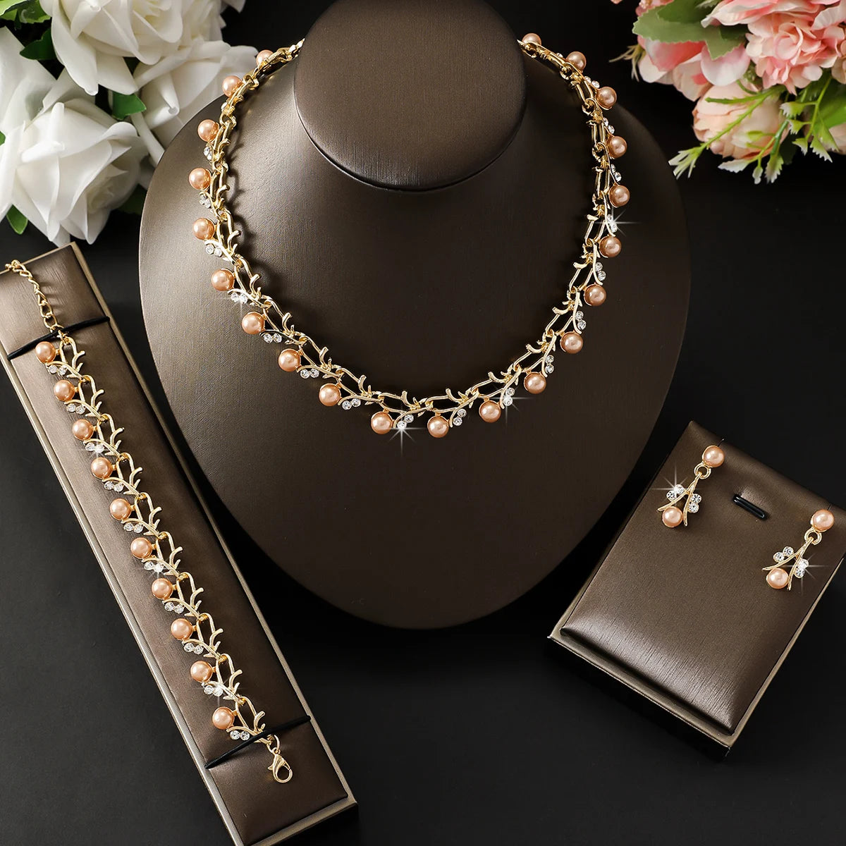 luckacco 4pcs women's jewelry set with pearl rhinestone necklace, earrings, bracelets, bride's wedding accessories