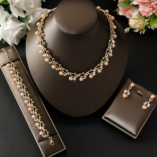 Luckacco 4pcs women's jewelry set with pearl rhinestone necklace, earrings, bracelets, bride's wedding accessories