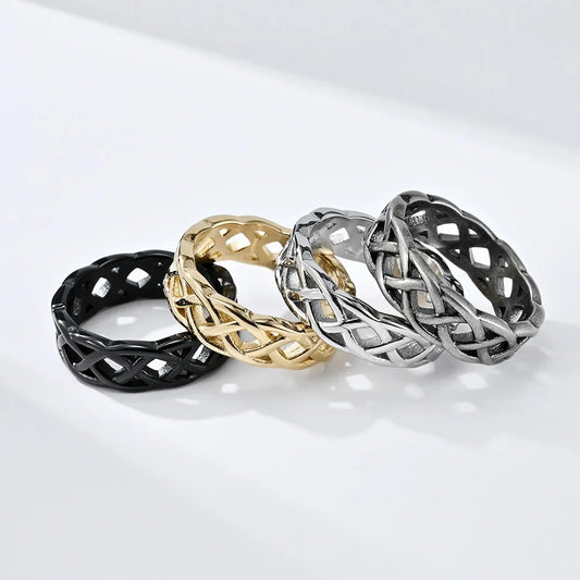 Luckacco Cool Celtic Eternal Weave Stainles Steel Ring for Men Women Twined Hollow Out Black Gold Plated Titanium Ring
