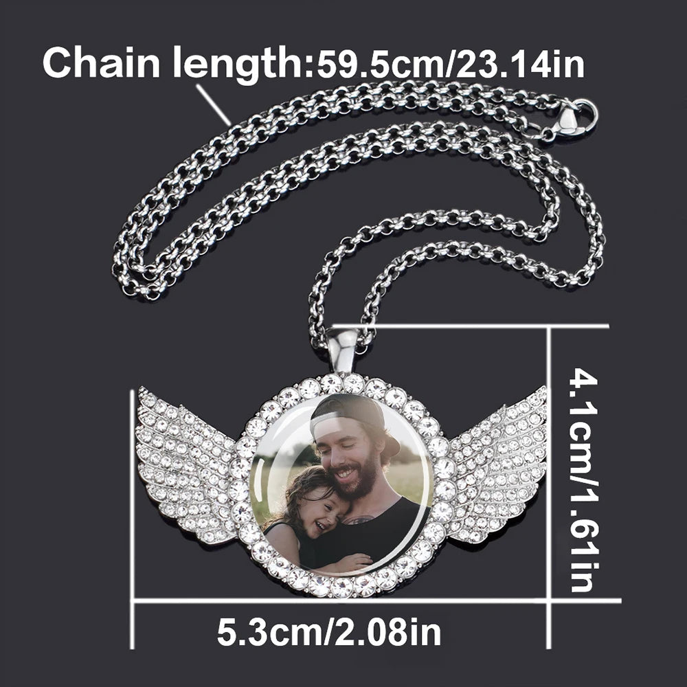 luckacco custom necklace personalized photo picture angel wings rhinestone pendant chains necklaces creative fashion hip hop jewelry gift