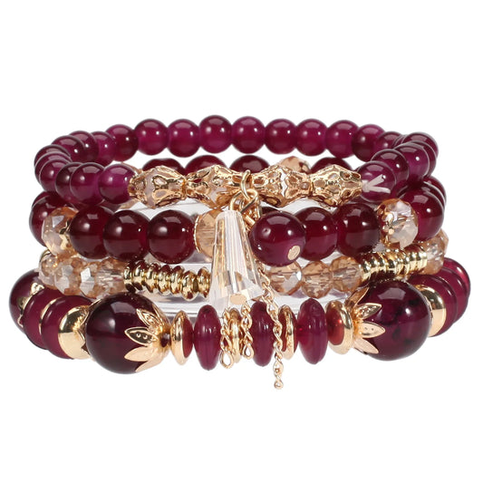 Luckacco 4 pieces/set Bohemian crystal tassel multi-layer elastic rope bracelet, handmade beaded bracelet, women's fashion accessories