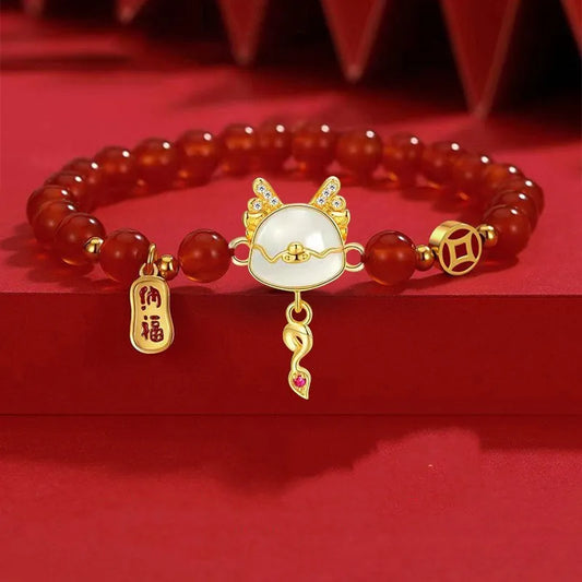 Luckacco 2024 Chinese Style Zodiac Dragon Bracelet For Women Men Brings Wealth Health and Good Luck Red Beaded Couple Bracelet Jewelry Gi