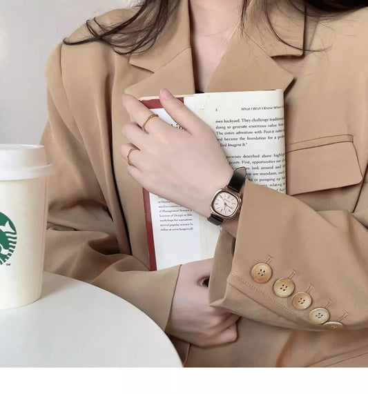 Luckacco Casual Wrist Watches Retro Square Quartz Digital Mini Dial Leather Strap Fashionable Clock Waterproof Wristwatch for Women