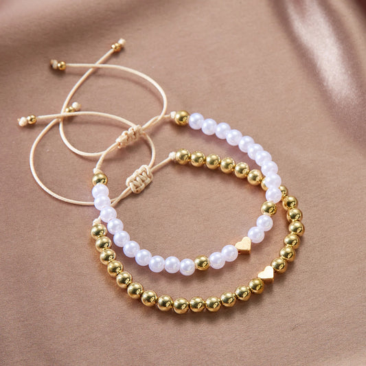 Luckacco Boho Imitation Pearl Beaded Metal Beads Bracelet for Women Vintage Handmade Woven Adjustable Chain Bowknot Heart Jewelry Gifts