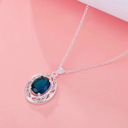 Luckacco 45cm Luxury 925 sterling Silver romantic Blue Crystal Oval Pendant Necklace For Women fashion party wedding Jewelry gifts