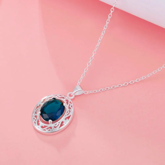 Luckacco 45cm Luxury 925 sterling Silver romantic Blue Crystal Oval Pendant Necklace For Women fashion party wedding Jewelry gifts