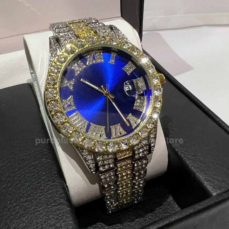 luckacco personalized hip hop watch with shiny rhinestones for men, luxury clock, band length, iced steel belt, 40mm diameter glass dial