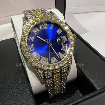 Luckacco Personalized Hip Hop Watch with Shiny Rhinestones for Men, Luxury Clock, Band Length, Iced Steel Belt, 40mm Diameter Glass Dial