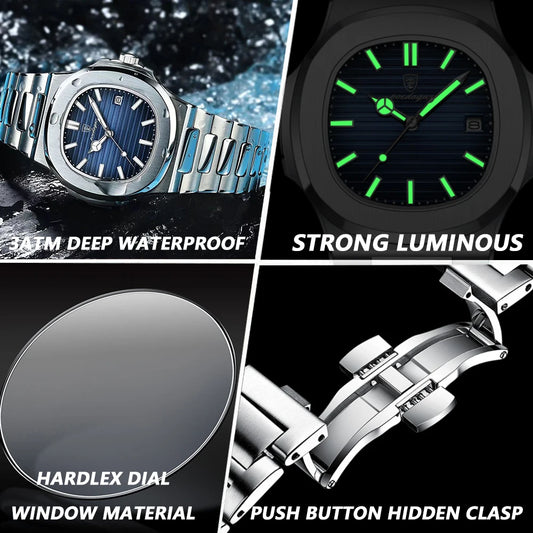 Luckacco POEDAGAR Luxury Casual Watch Top Brand Fashion Square Dial Stainless Steel Calendar Luminous Waterproof Men Watch Male Clock+Box