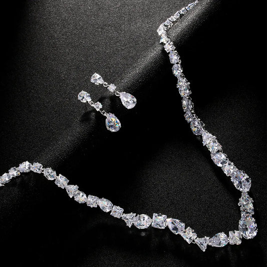 Luckacco Full Zircon V Shape Neckalce Earrings Set High Quality Jewelry Fashion Show Bling Crystal Bridal Jewelry Set Bridal Wedding Gift